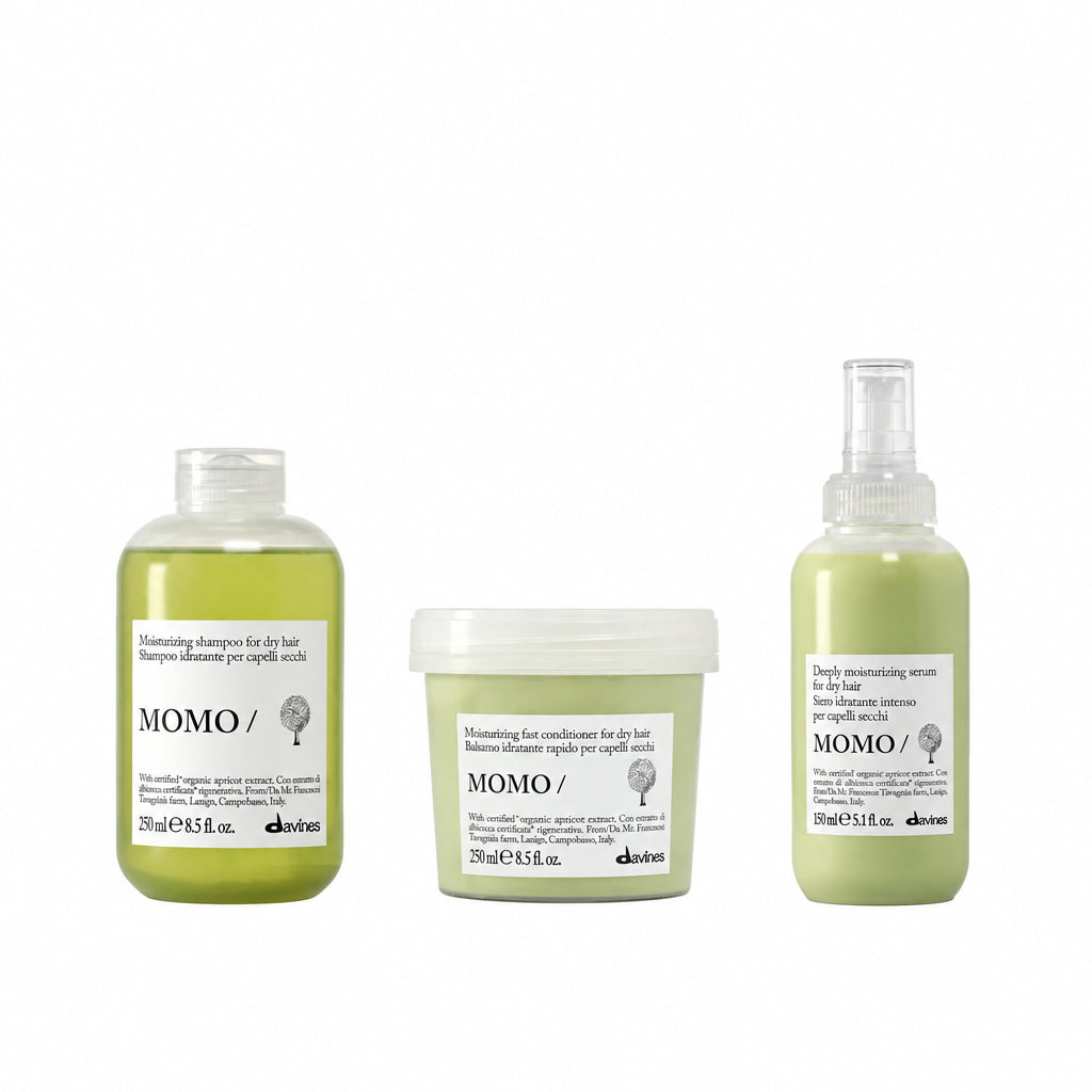 Davines NOWY Zestaw MOMO Rutyna nawilżająca do suchych włosów - Szampon + Odżywka + Serum