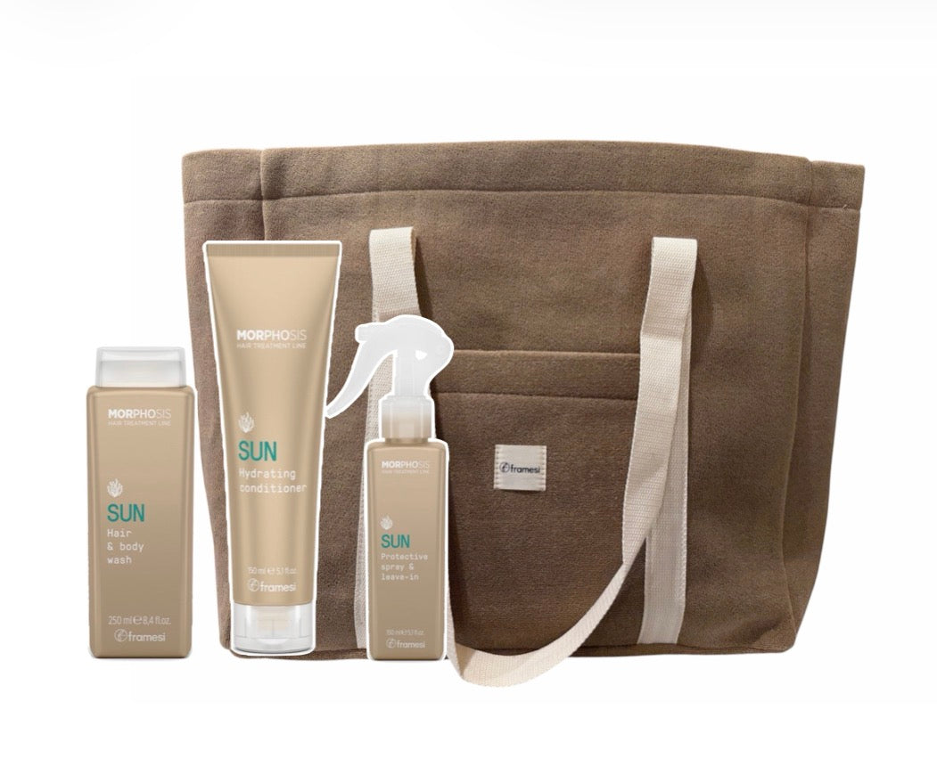 Framesi MORPHOSIS SUN Zestaw 2026 - Szampon do włosów i ciała 250ml + Odżywka 150ml + Odżywka bez spłukiwania 150ml + Torba GRATIS BEŻOWA