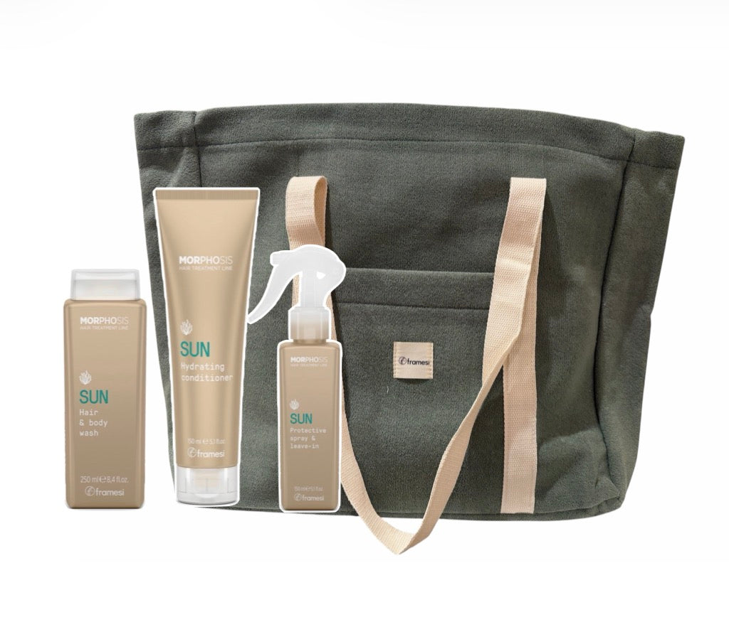 Framesi MORPHOSIS SUN Zestaw 2026 - Szampon do włosów i ciała 250ml + Odżywka 150ml + Odżywka bez spłukiwania 150ml + Torba GRATIS ZIELONA