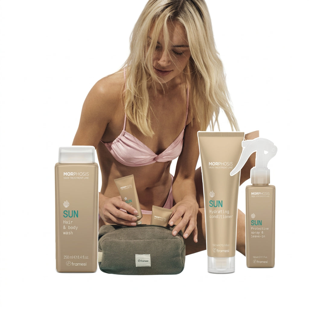 Framesi MORPHOSIS SUN Zestaw - Szampon do włosów i ciała 250ml + odżywka 150ml + odżywka bez spłukiwania 150ml TORBA BEAUTY GRATIS