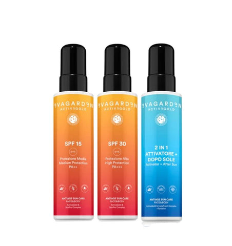 Evagarden KIT ACTIVEGOLD 2+1 protezione solare antiage SPF15 + SPF30 + ATTIVATORE - DOPOSOLE OMAGGIO - Edbellessere S.r.l.