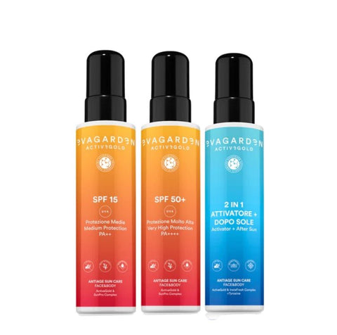 Evagarden KIT ACTIVEGOLD 2+1 protezione solare antiage SPF15 + SPF50 + ATTIVATORE - DOPOSOLE OMAGGIO - Edbellessere S.r.l.