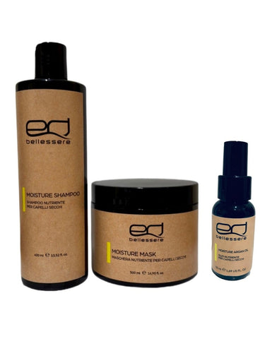 EdBellessere - Moisture Kit - Shampoo + Conditioner + olio per capelli crespi e ricci