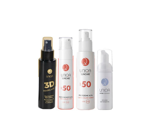 UNIQA Kit SUNCARE - 3D HAIR CARE + SUNCARE VISO spf50 + SUNCARE CORPO spf50 + mini MOUSSE OMAGGIO - Edbellessere S.r.l.